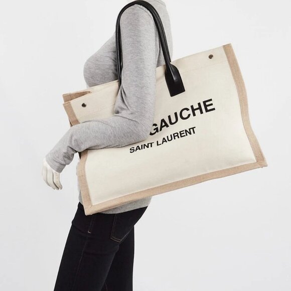 Yves Saint Laurent Natural Linen And Leather Rive Gauche Tote Bag - Picture 2 of 10